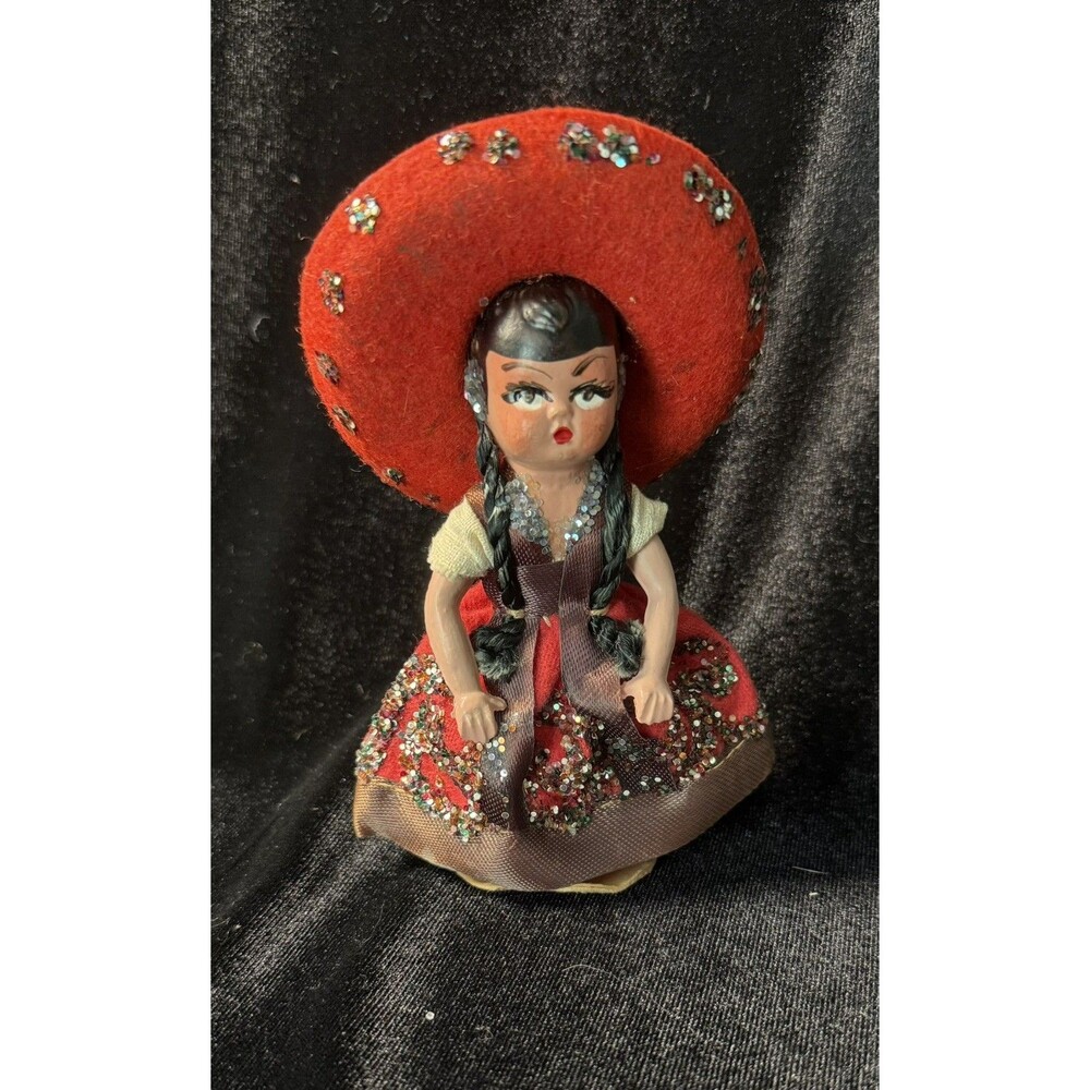 Vintage Mexican Hispanic Doll Hat Red Shoes Glitter Made in Mexico Hand Painted